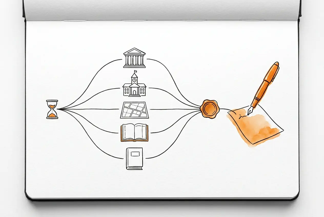 Schéma d'une vente : un sablier, puis cinq démarches menées en parallèle (banque, mairie, plan cadastral, registre, état civil) qui se rejoignent en un sceau avant la signature à la plume.