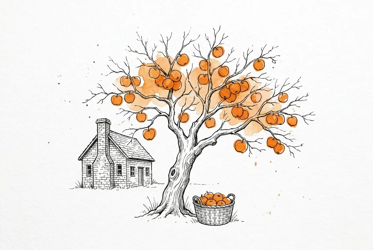 Un pommier à côté d'une petite maison de brique : le tronc, les branches et la maison à l'encre, les fruits sur l'arbre et dans un panier colorés en orange.