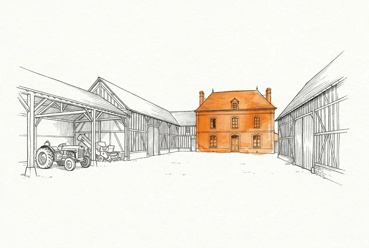 Cour de ferme picarde fermée : la maison d'habitation en brique, colorée en orange, entourée de granges à colombages et d'un hangar abritant un tracteur, restés à l'encre.